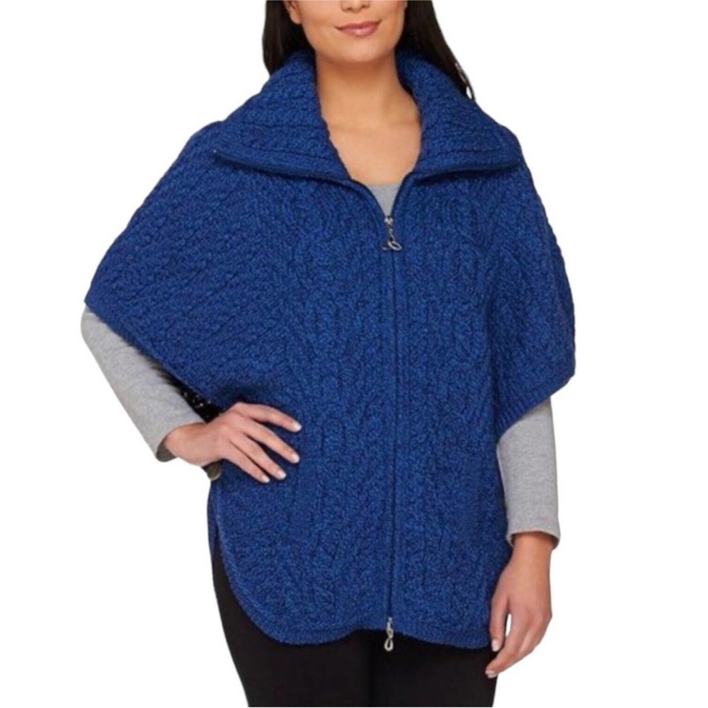 Aran Crafts Blue Cable Knit 100% Merino Wool Zip Front Poncho XXS (oversized)